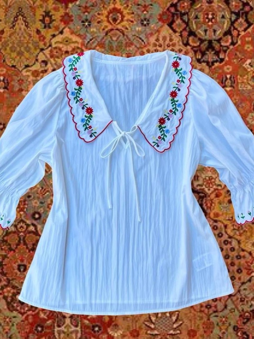 Embroidered White Peasant Blouse with Floral Collar